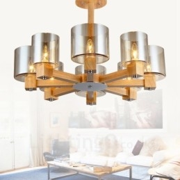 8 Ljus Trä Modern Samtida Nordisk Stil Ljuskrona Med Glasskärm