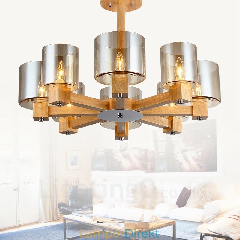 8 Ljus Trä Modern Samtida Nordisk Stil Ljuskrona Med Glasskärm
