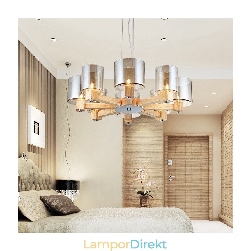 8 Ljus Trä Modern Samtida Nordisk Stil Ljuskrona Med Glasskärm