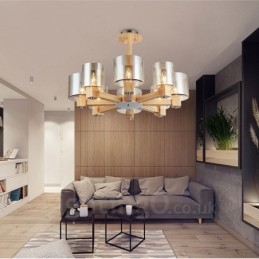 8 Ljus Trä Modern Samtida Nordisk Stil Ljuskrona Med Glasskärm