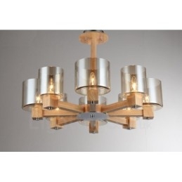 8 Ljus Trä Modern Samtida Nordisk Stil Ljuskrona Med Glasskärm