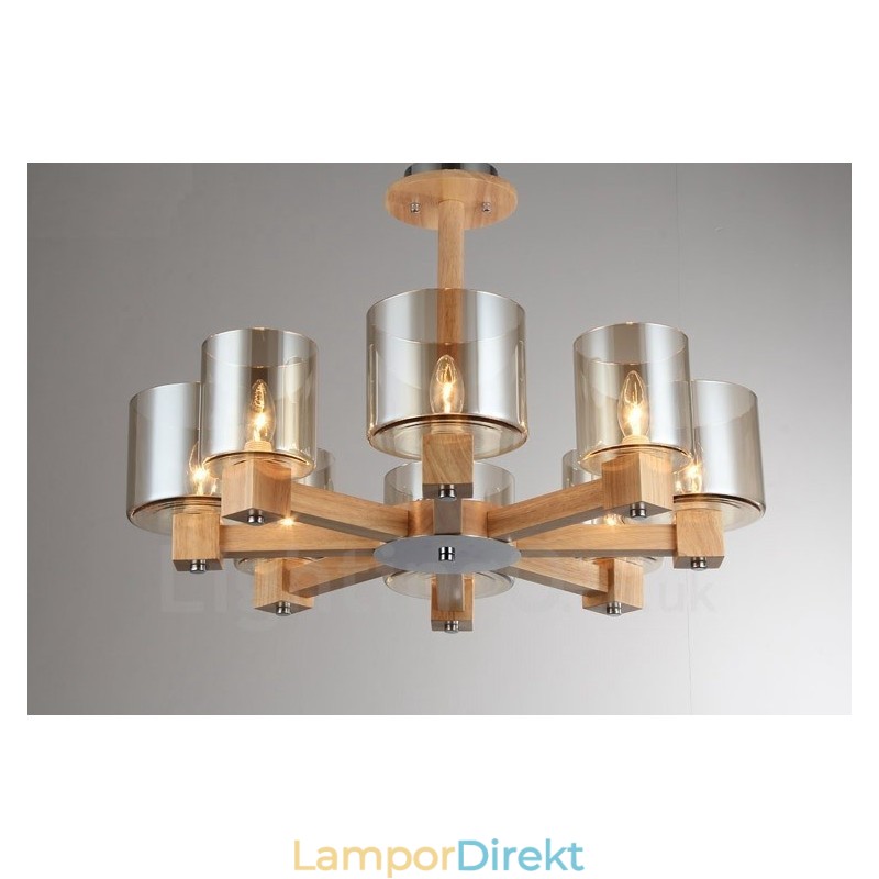 8 Ljus Trä Modern Samtida Nordisk Stil Ljuskrona Med Glasskärm