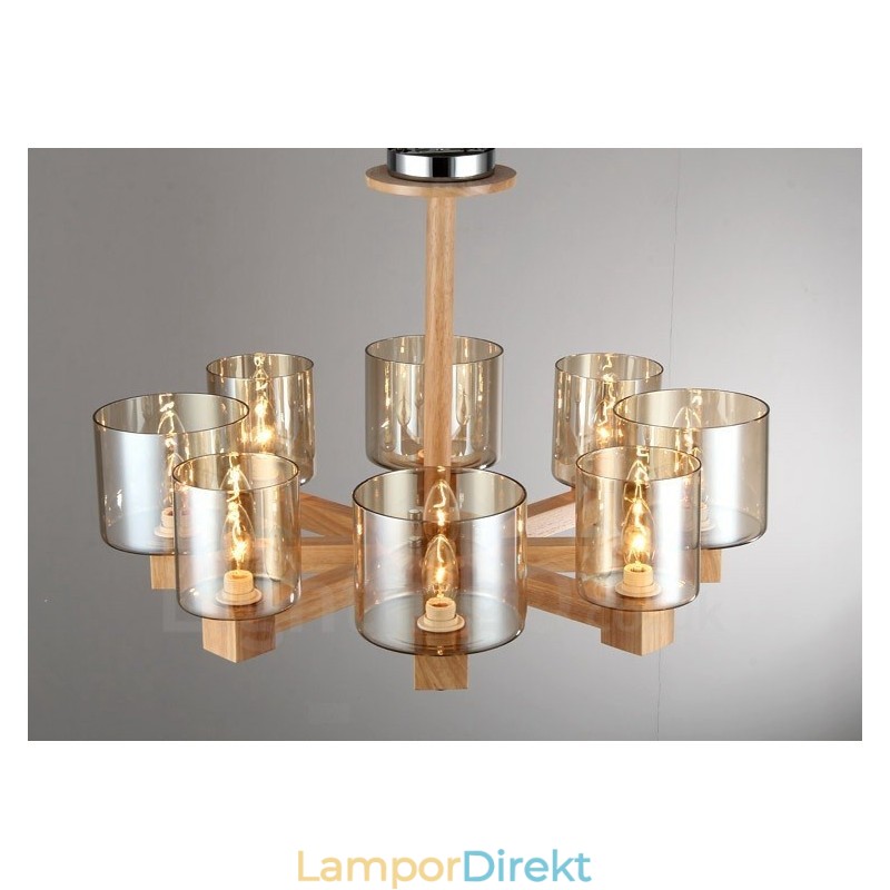 8 Ljus Trä Modern Samtida Nordisk Stil Ljuskrona Med Glasskärm