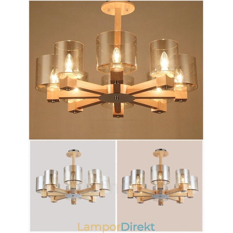 8 Ljus Trä Modern Samtida Nordisk Stil Ljuskrona Med Glasskärm