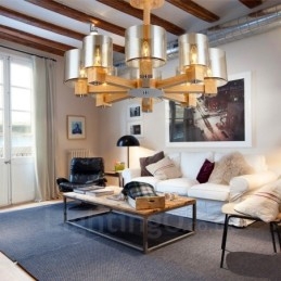 8 Ljus Trä Modern Samtida Nordisk Stil Ljuskrona Med Glasskärm