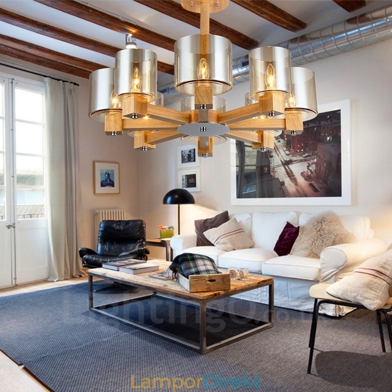 8 Ljus Trä Modern Samtida Nordisk Stil Ljuskrona Med Glasskärm
