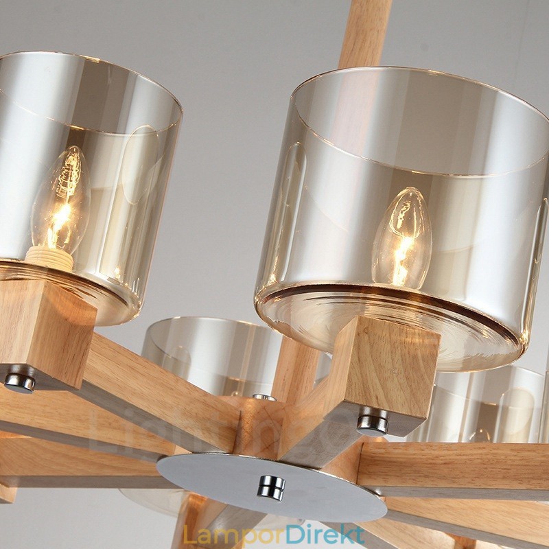 8 Ljus Trä Modern Samtida Nordisk Stil Ljuskrona Med Glasskärm