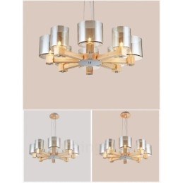8 Ljus Trä Modern Samtida Nordisk Stil Ljuskrona Med Glasskärm