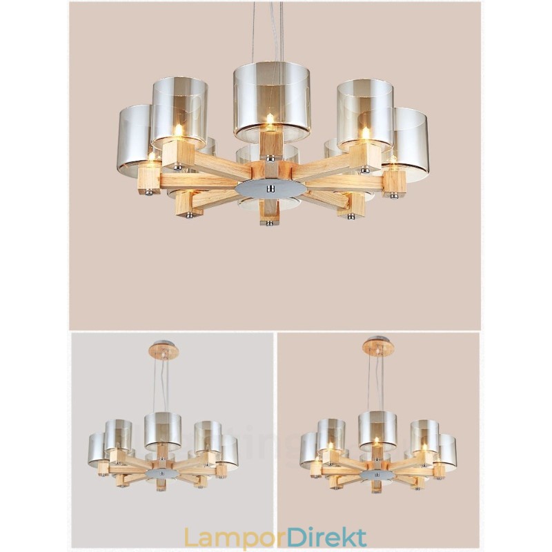 8 Ljus Trä Modern Samtida Nordisk Stil Ljuskrona Med Glasskärm