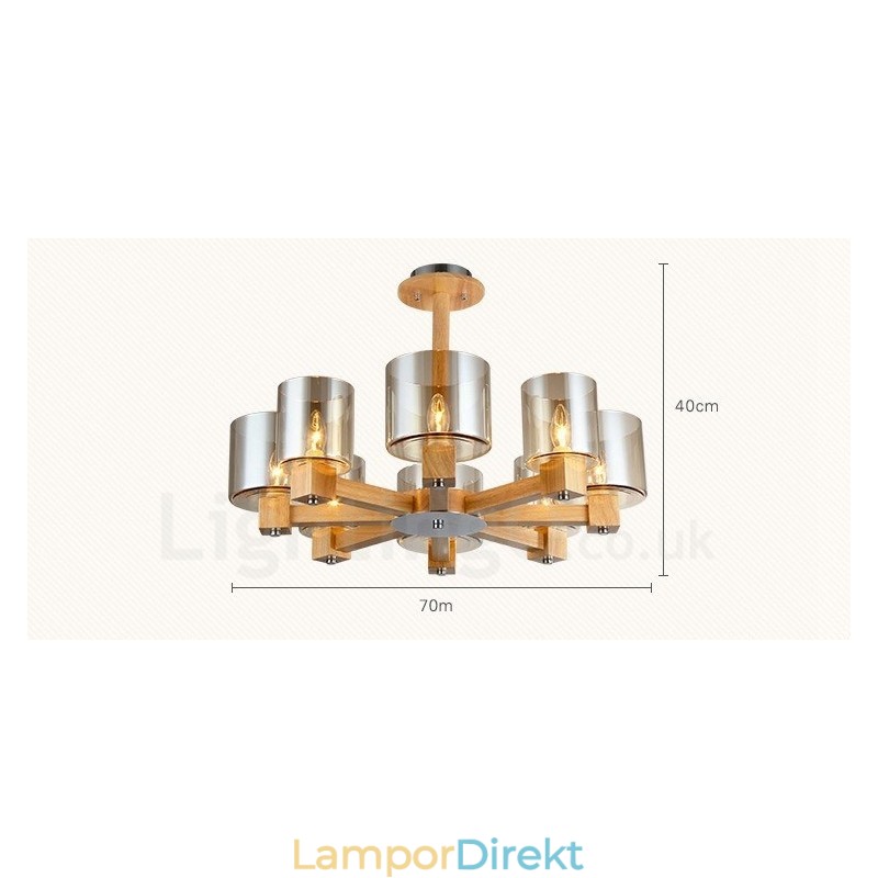 8 Ljus Trä Modern Samtida Nordisk Stil Ljuskrona Med Glasskärm