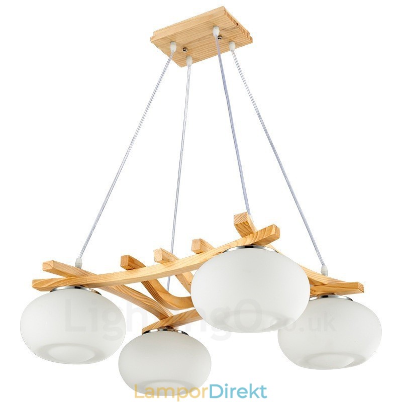 4 Ljus Trä Rustik Lodge Taklampa Med Glasskärm