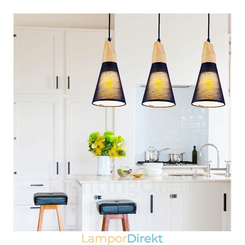 3 Ljus Trä Modern Samtida Taklampa Med Tygskärm