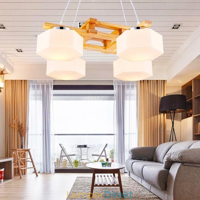 4 Ljus Trä Modern Samtida Taklampa I Nordisk Stil Med Glasskärm