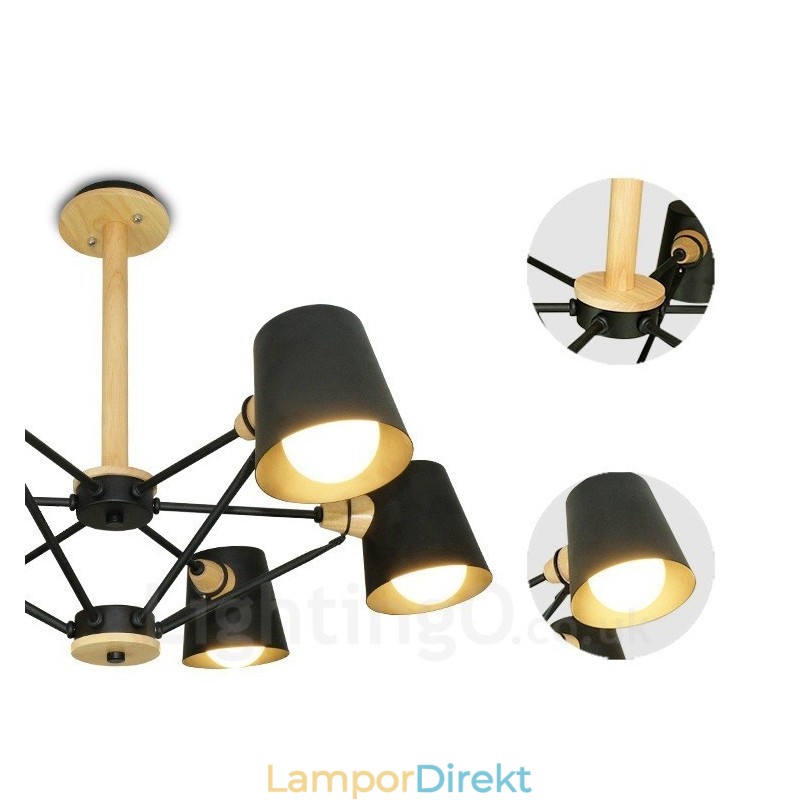 6 Ljus Trä Modern Samtida Taklampa I Nordisk Stil Med Skärm I Järn