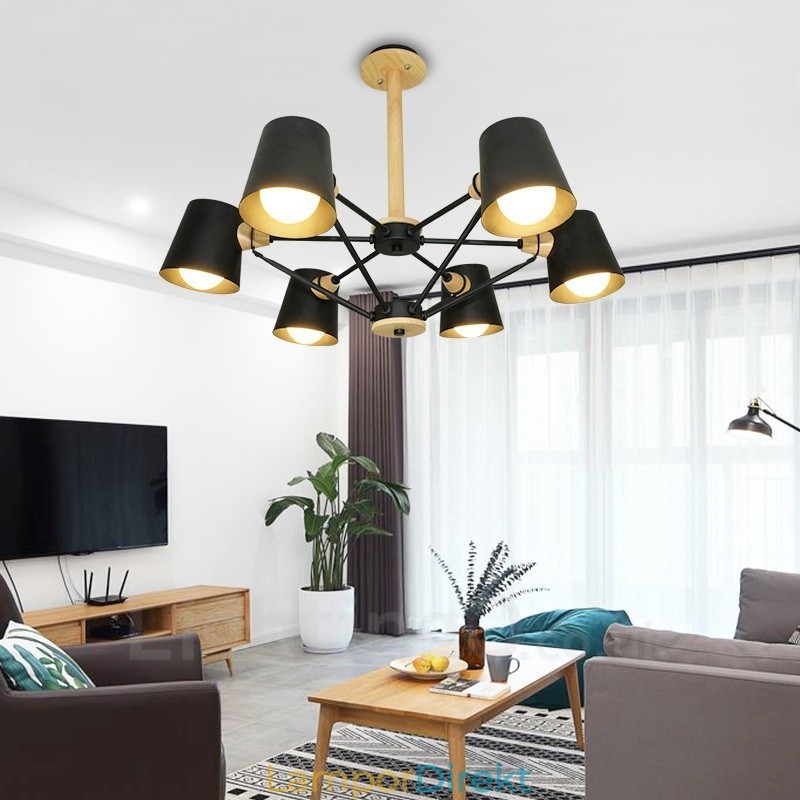 6 Ljus Trä Modern Samtida Taklampa I Nordisk Stil Med Skärm I Järn