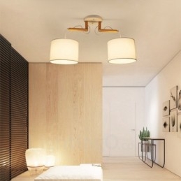2 Ljus Trä Modern Samtida Taklampa Med Tygskärm