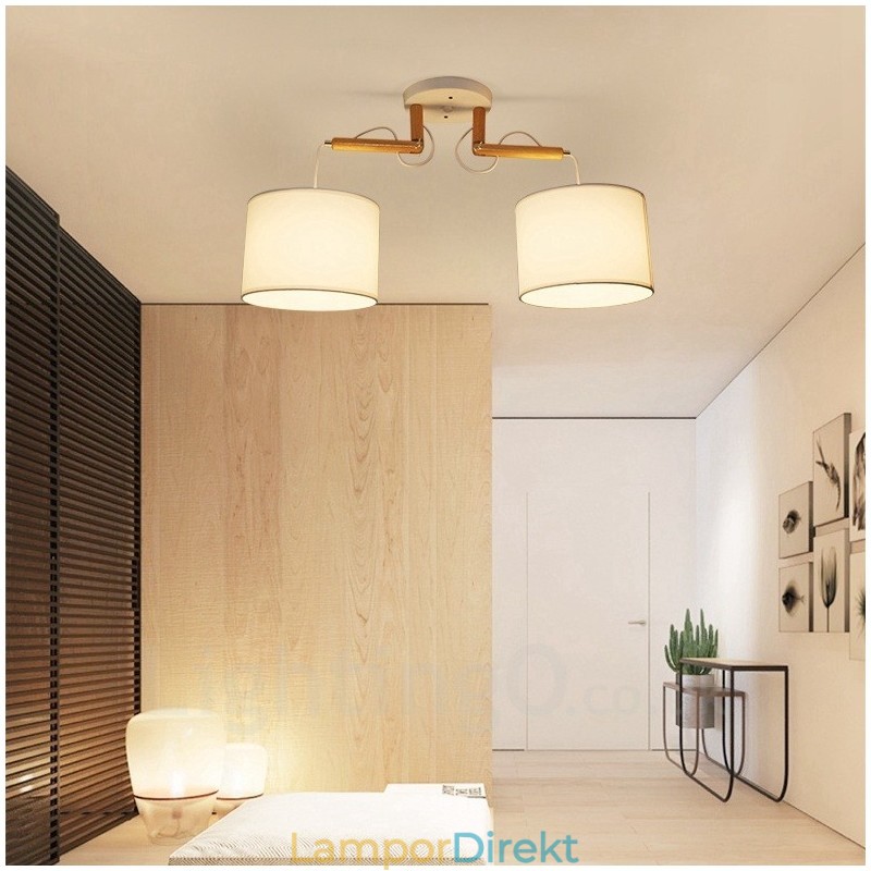 2 Ljus Trä Modern Samtida Taklampa Med Tygskärm
