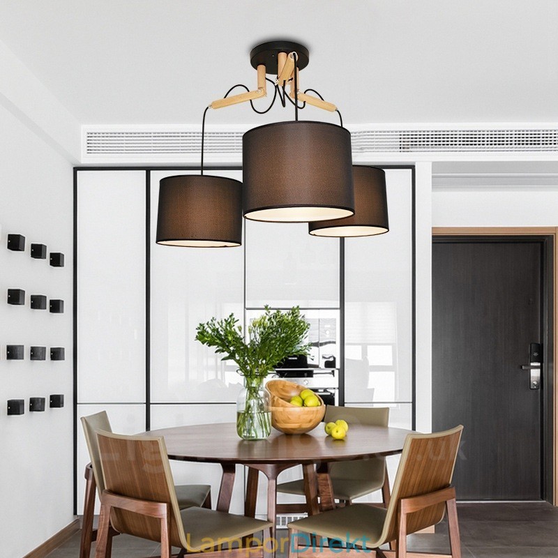 3 Ljus Trä Modern Samtida Taklampa Med Tygskärm