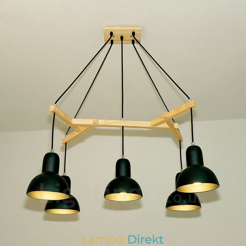 5 Ljus Trä Modern Samtida Taklampa Med Järnskärm