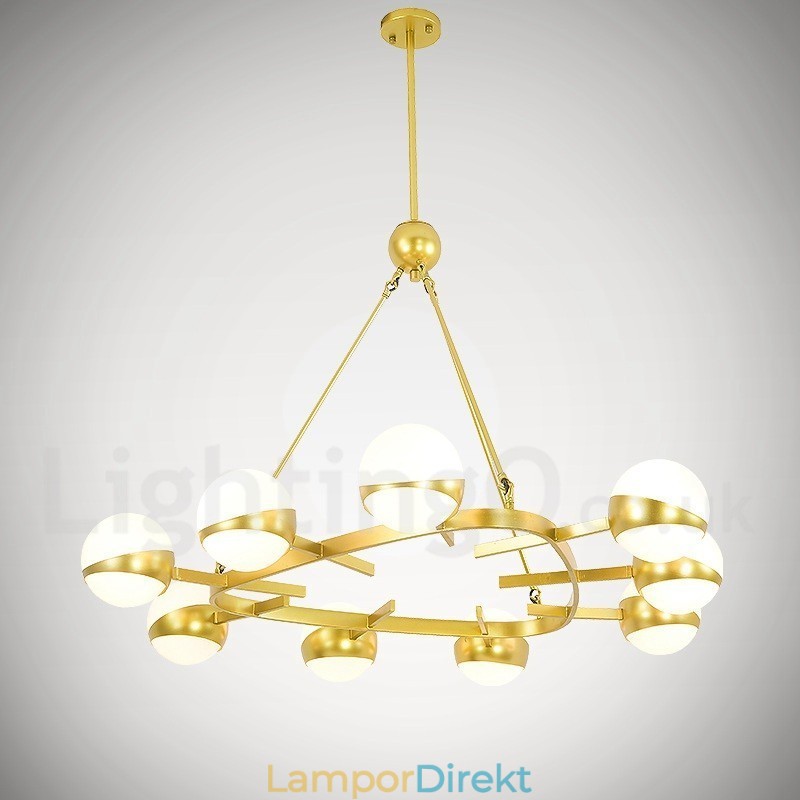 9 Ljus Modern Samtida Nordisk Stil Taklampor Kopparplätering Ljuskrona Med Guld Och Vit Kulglasskärm