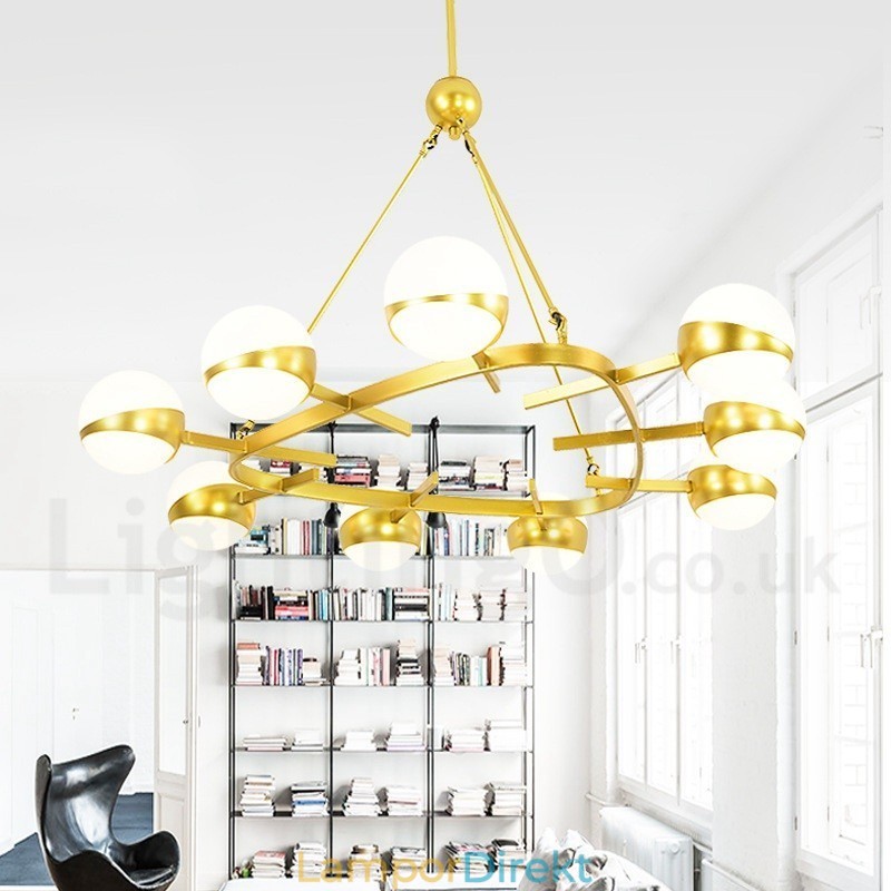 9 Ljus Modern Samtida Nordisk Stil Taklampor Kopparplätering Ljuskrona Med Guld Och Vit Kulglasskärm