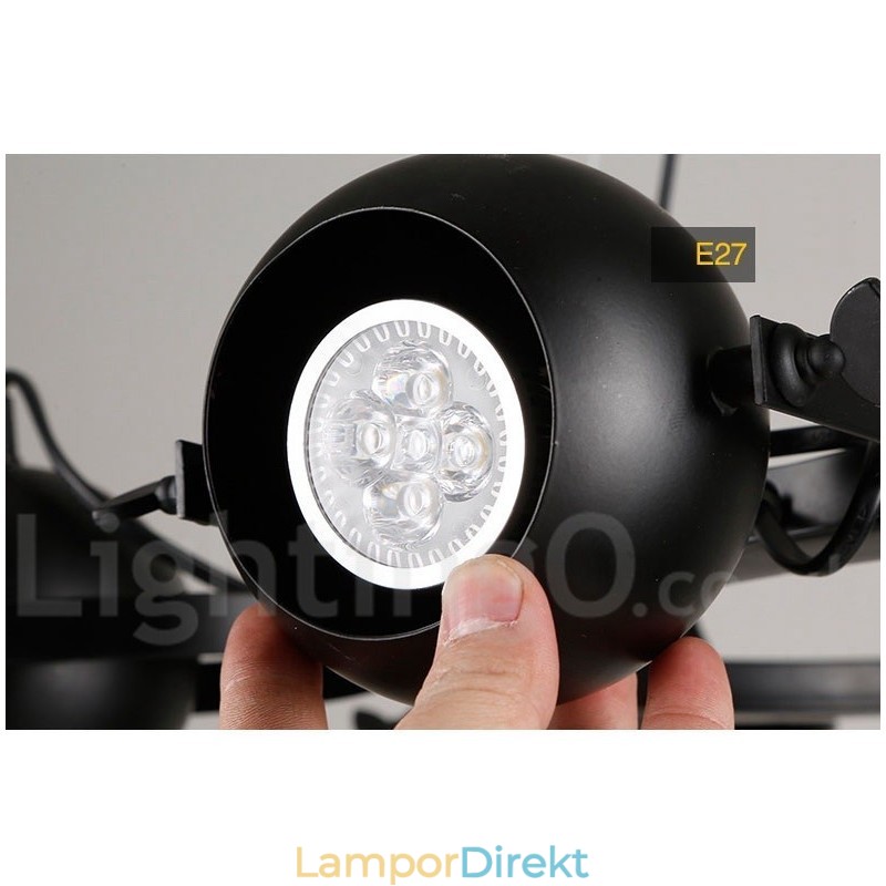 6 Ljus Retro Vintage Svart Taklampa I Järn Med Svarta Järnkulor