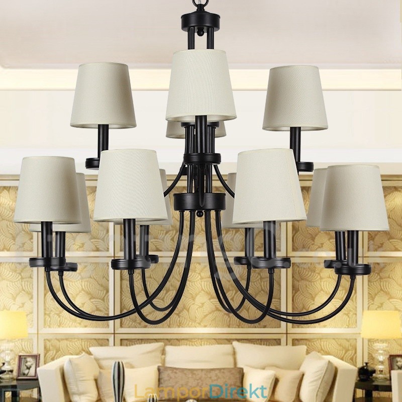 12 Light Retro Contemporary 2 Tier Black Candle Style Ljuskrona