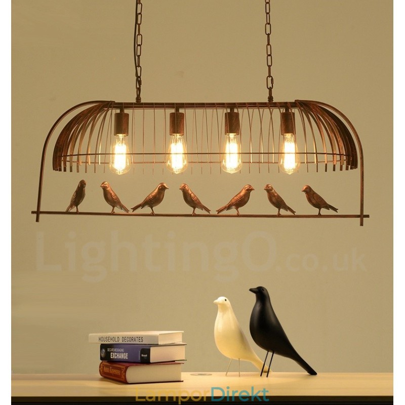 4 Light Rustic Lodge Retro Birdcage Pendellampa Med Stålskärm