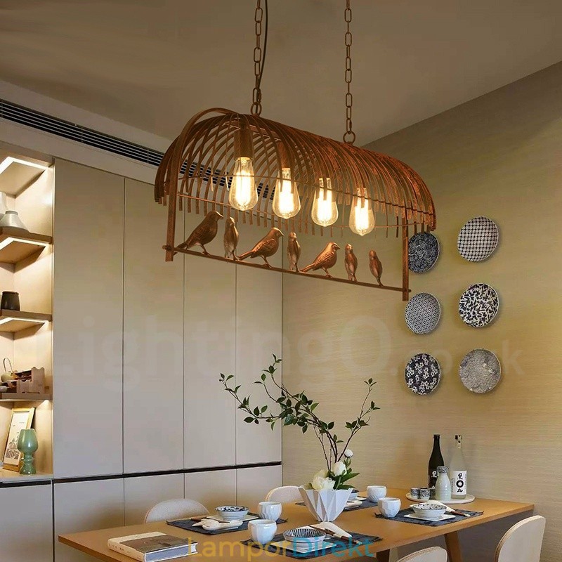4 Light Rustic Lodge Retro Birdcage Pendellampa Med Stålskärm