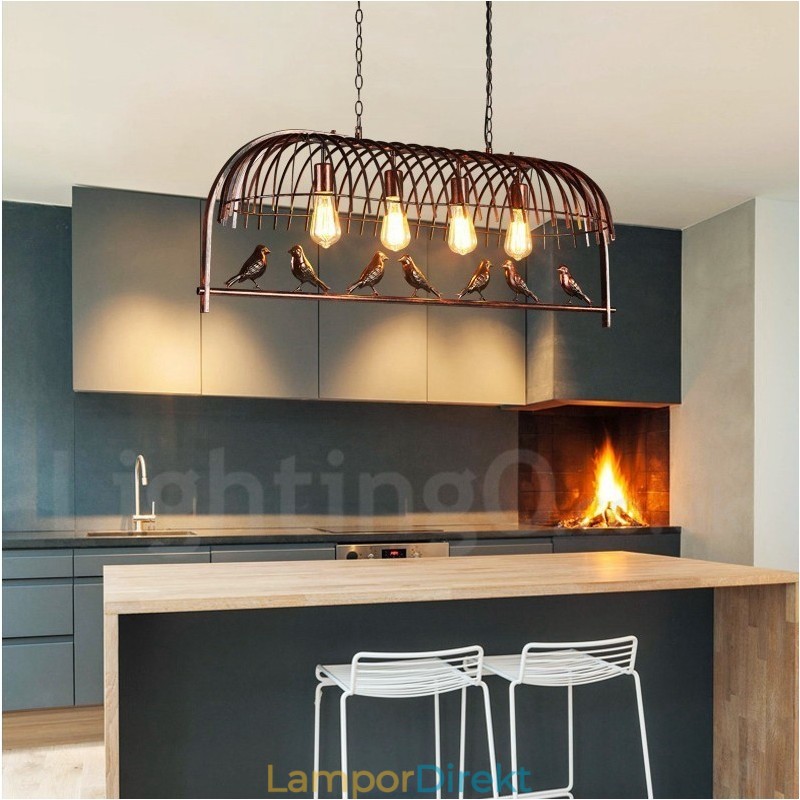 4 Light Rustic Lodge Retro Birdcage Pendellampa Med Stålskärm