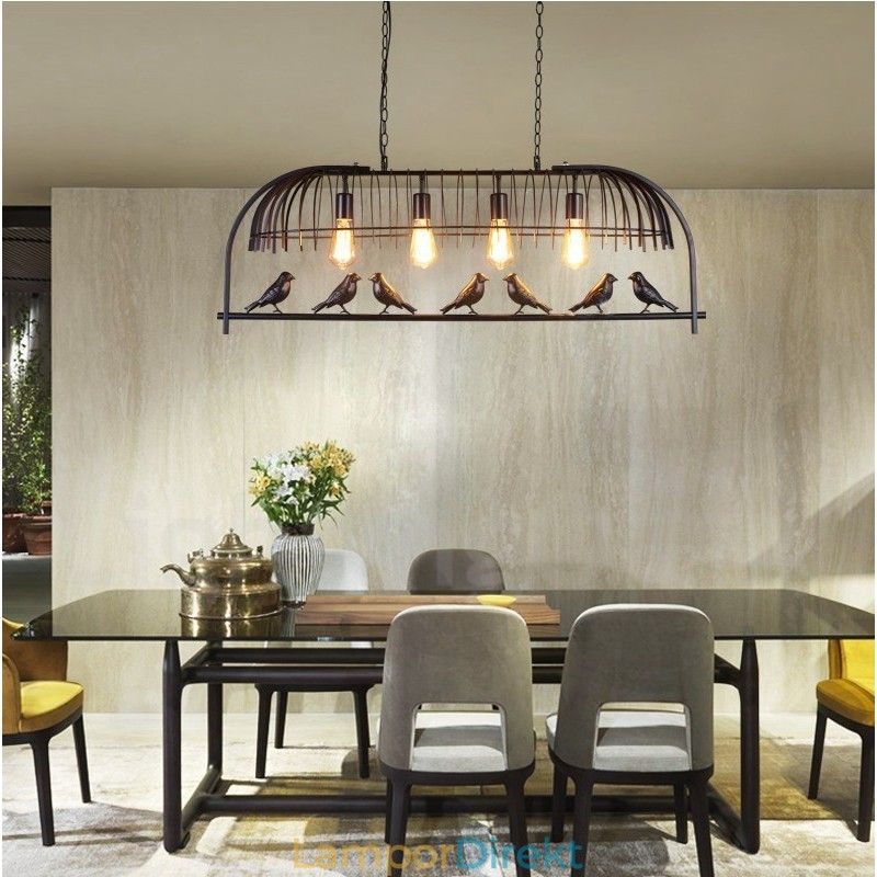 4 Light Rustic Lodge Retro Birdcage Pendellampa Med Stålskärm