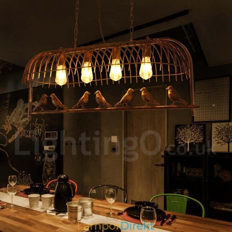 4 Light Rustic Lodge Retro Birdcage Pendellampa Med Stålskärm