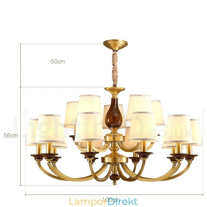 15 Ljus Retro Rustik Lyx Mässing Pendel Ljuskrona Med Glasskärm