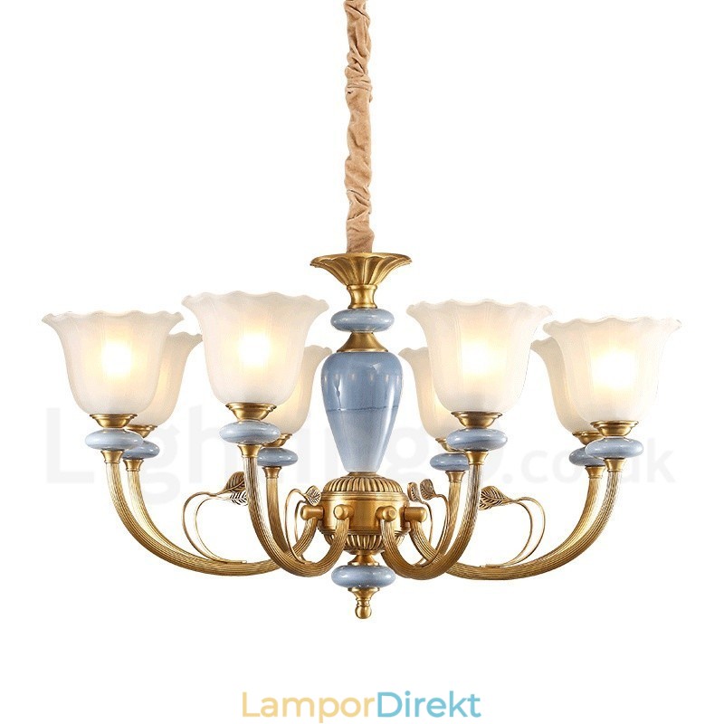 8 Ljus Retro Rustik Lyx Mässing Pendel Lampa Ljuskrona Med Glasskärm