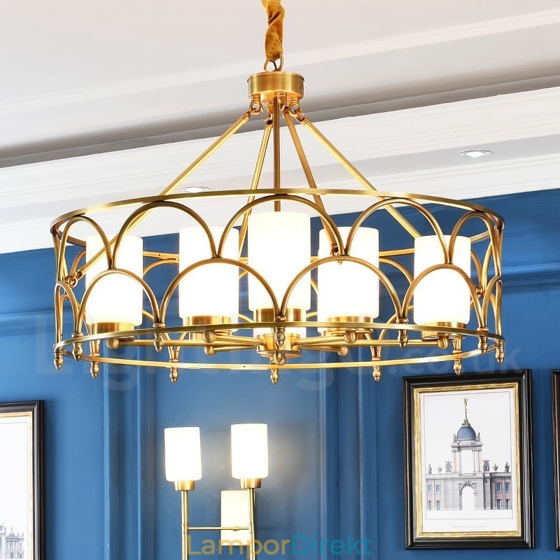 8 Ljus Retro Rustik Lyx Mässing Pendel Lampa Ljuskrona Med Glasskärm