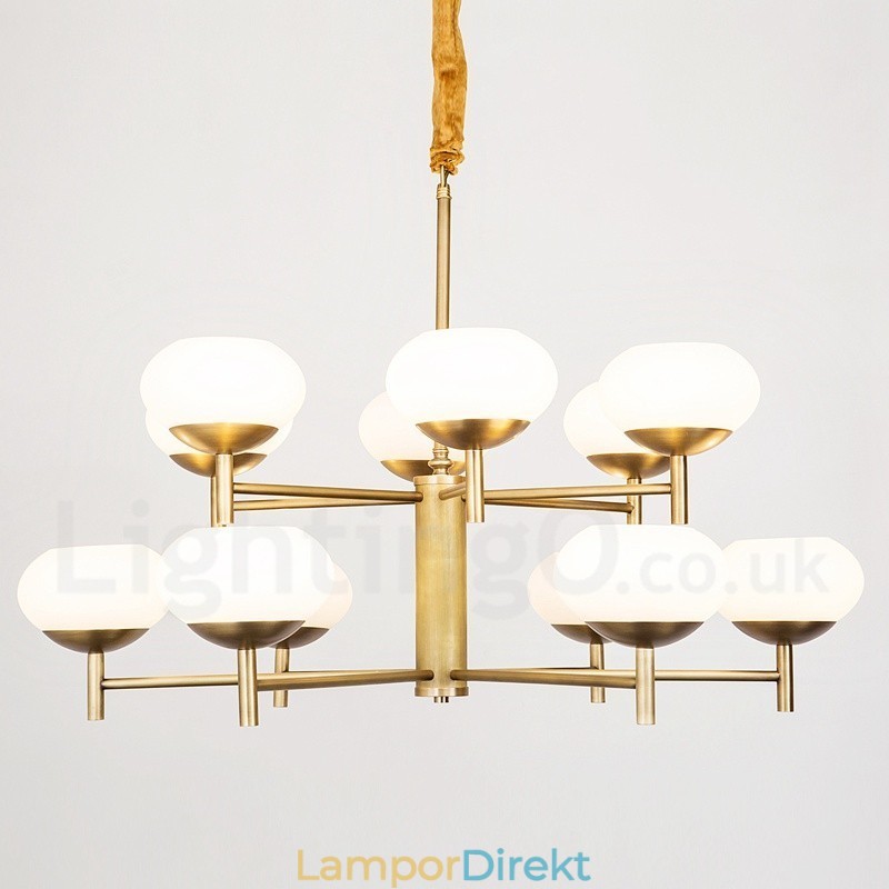 12 Ljus Retro Rustik Lyx Mässing Pendel Ljuskrona Med Glasskärm