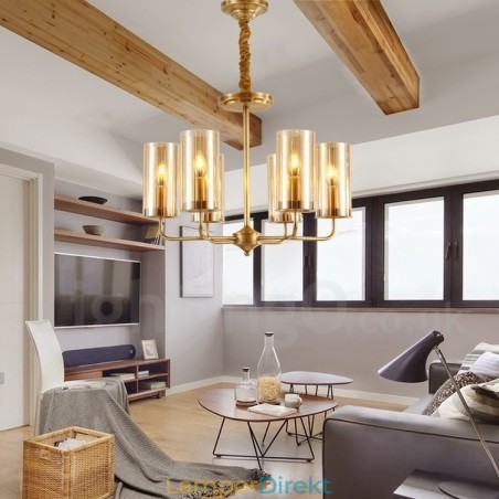 6 Ljus Retro Rustik Lyx Mässing Pendel Ljuskrona Med Glasskärm