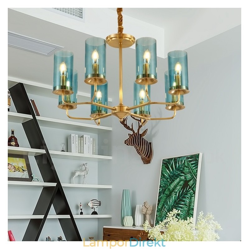 8 Ljus Retro Rustik Lyx Mässing Pendel Lampa Ljuskrona Med Glasskärm
