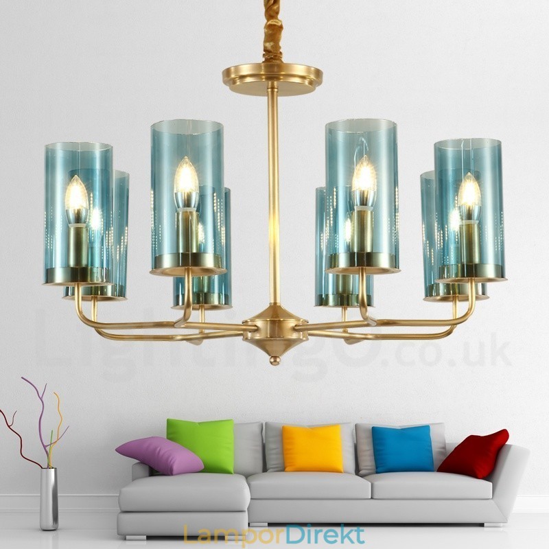 8 Ljus Retro Rustik Lyx Mässing Pendel Lampa Ljuskrona Med Glasskärm