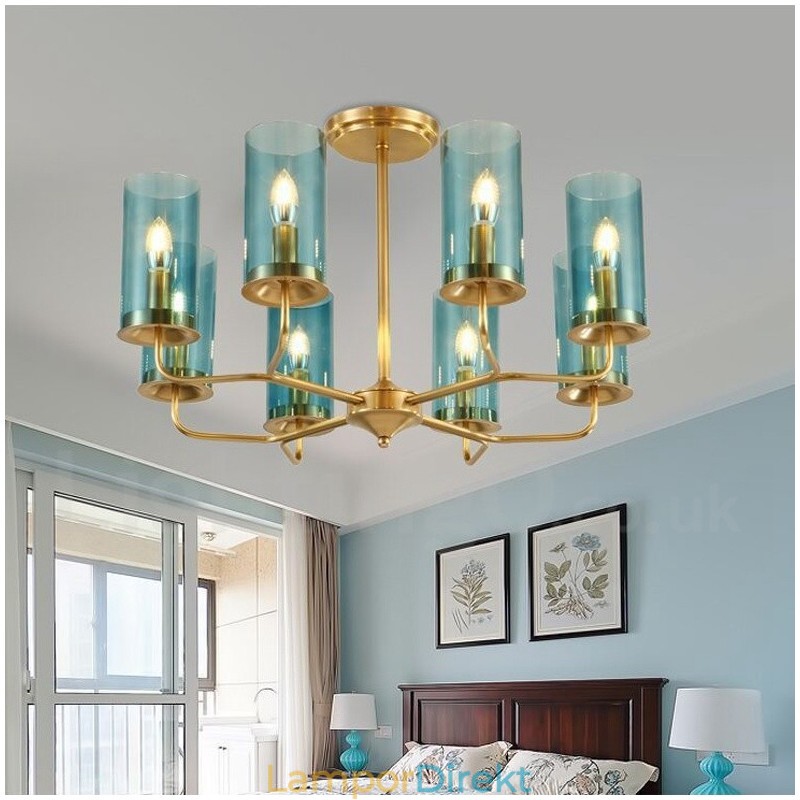 8 Ljus Retro Rustik Lyx Mässing Pendel Lampa Ljuskrona Med Glasskärm