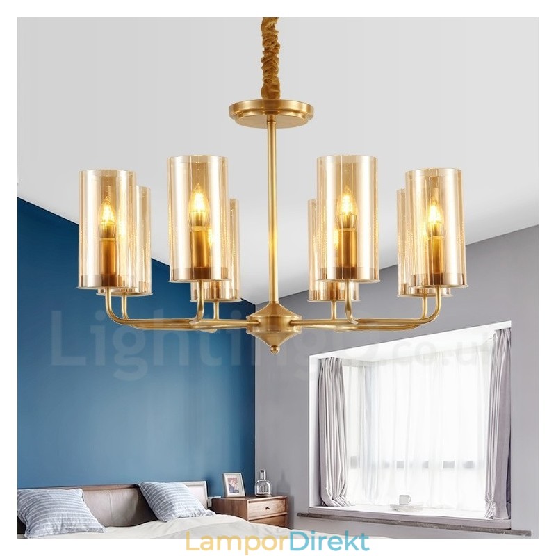 8 Ljus Retro Rustik Lyx Mässing Pendel Lampa Ljuskrona Med Glasskärm