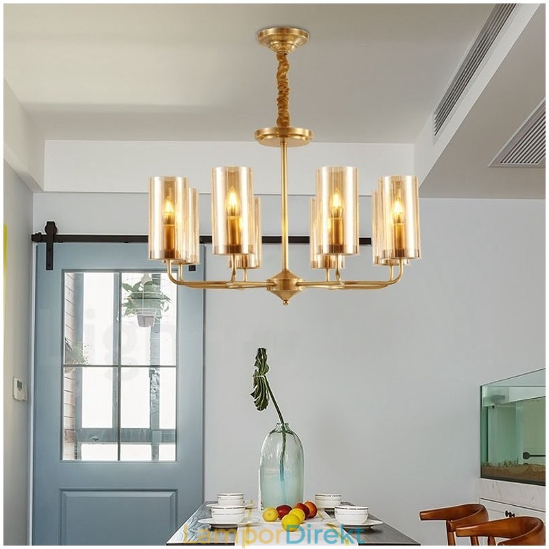 8 Ljus Retro Rustik Lyx Mässing Pendel Lampa Ljuskrona Med Glasskärm