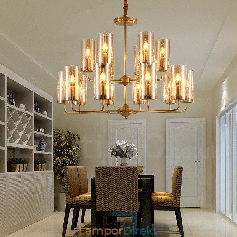16 Ljus Retro Rustik Lyx Mässing Pendel Ljuskrona Med Glasskärm
