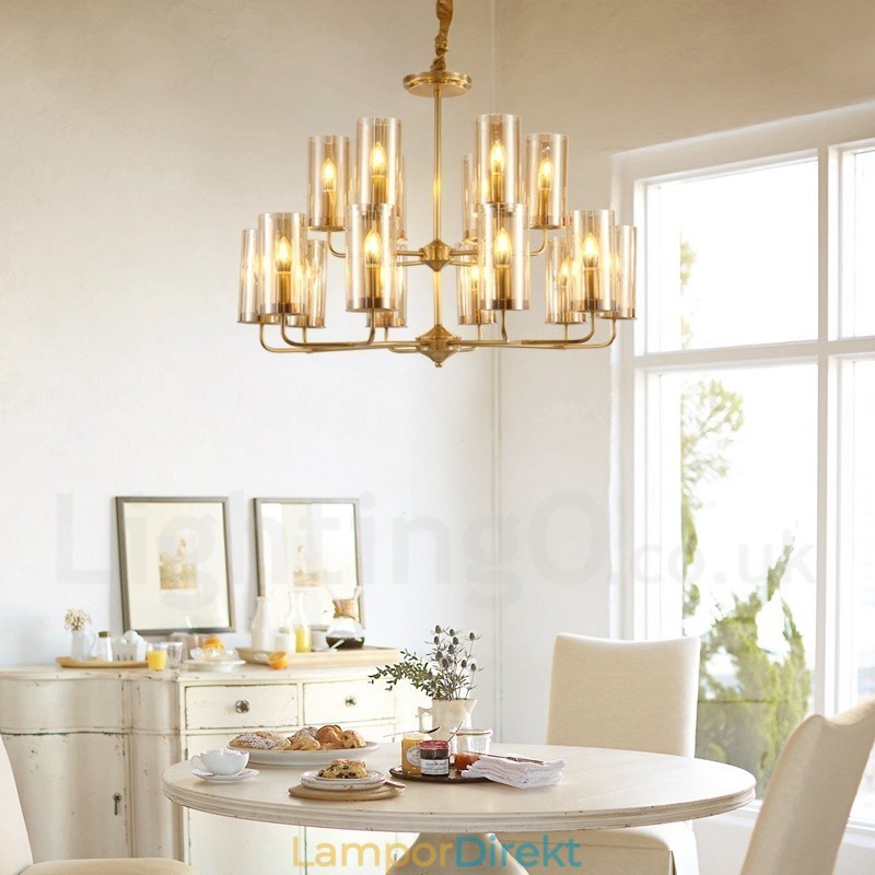 16 Ljus Retro Rustik Lyx Mässing Pendel Ljuskrona Med Glasskärm