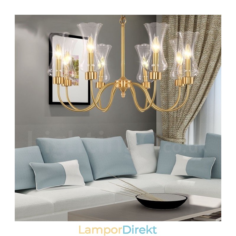 8 Ljus Retro Rustik Lyx Mässing Pendel Lampa Ljuskrona Med Glasskärm
