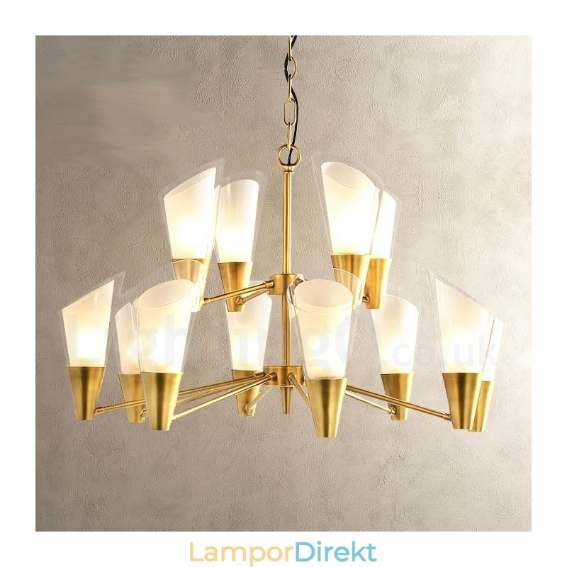 12 Ljus Retro Rustik Lyx Mässing Pendel Ljuskrona Med Glasskärm