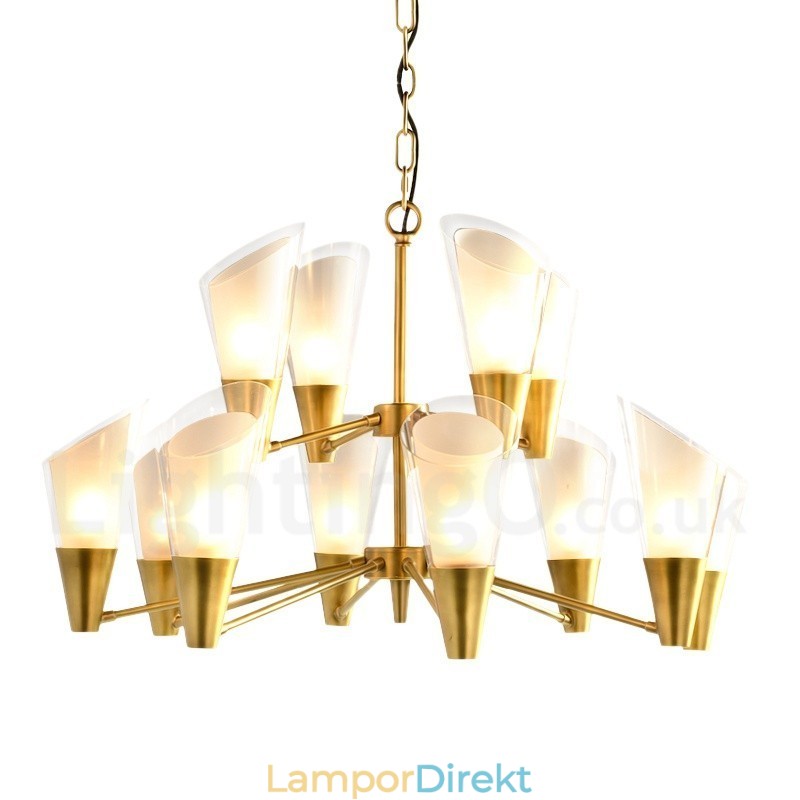 12 Ljus Retro Rustik Lyx Mässing Pendel Ljuskrona Med Glasskärm