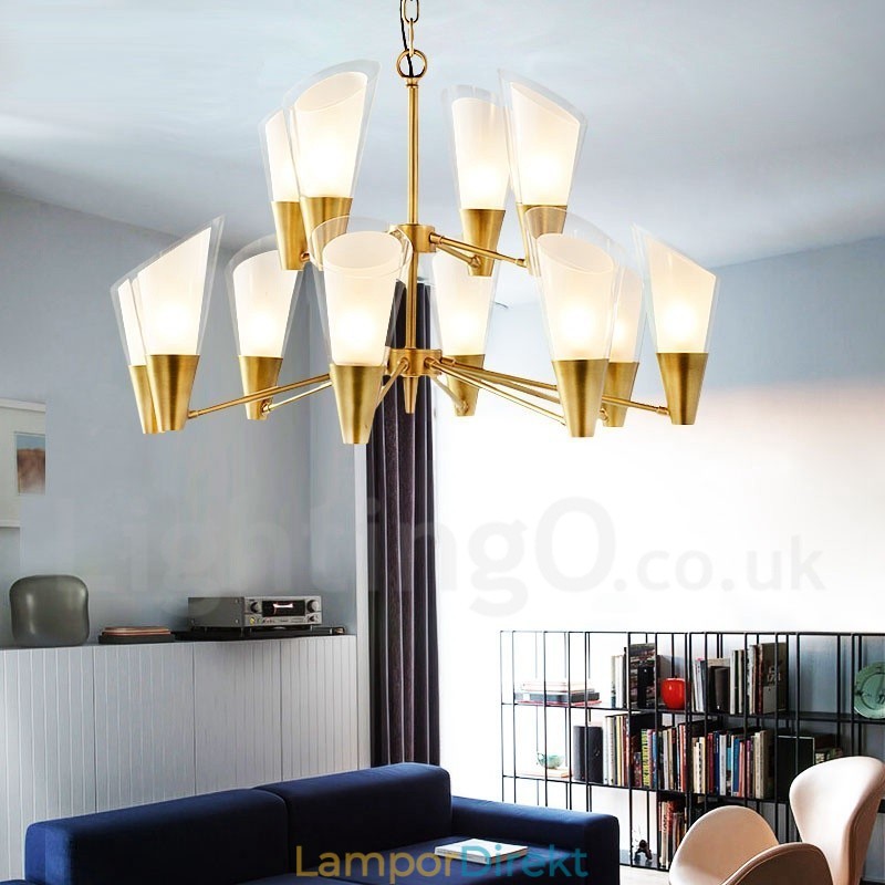 12 Ljus Retro Rustik Lyx Mässing Pendel Ljuskrona Med Glasskärm