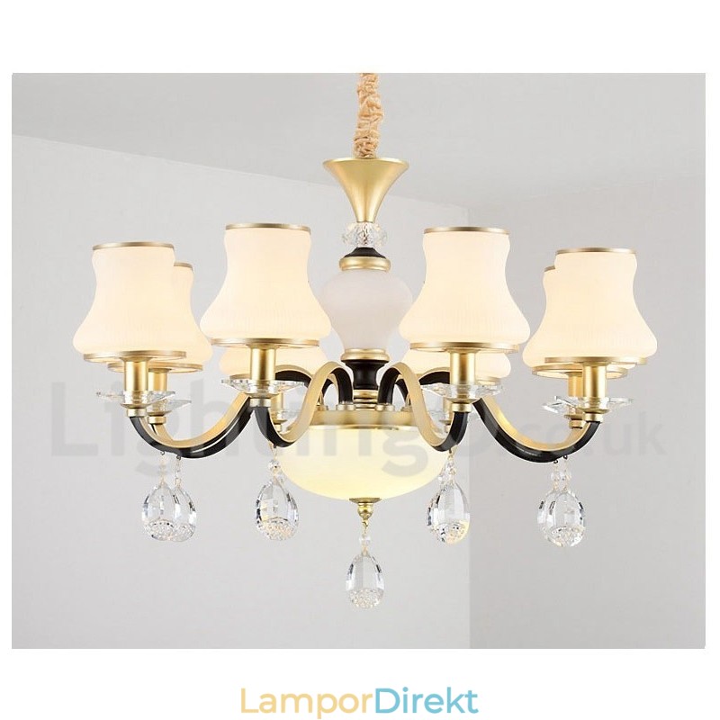 6 Ljus Retro Rustik Lyx Kristall Pendel Ljuskrona Med Glasskärm