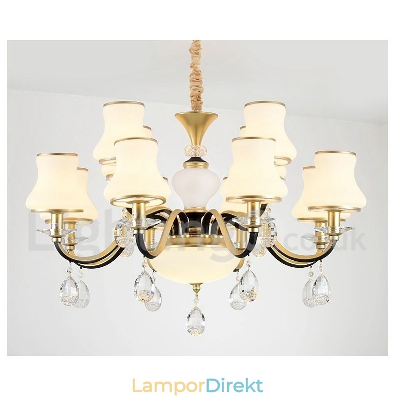 12 Ljus Retro Rustik Lyx Kristall Pendel Ljuskrona Med Glasskärm